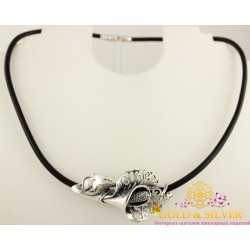Серебряное колье 925 проба. Женское колье на кожаном шнурке. Калла. 8018